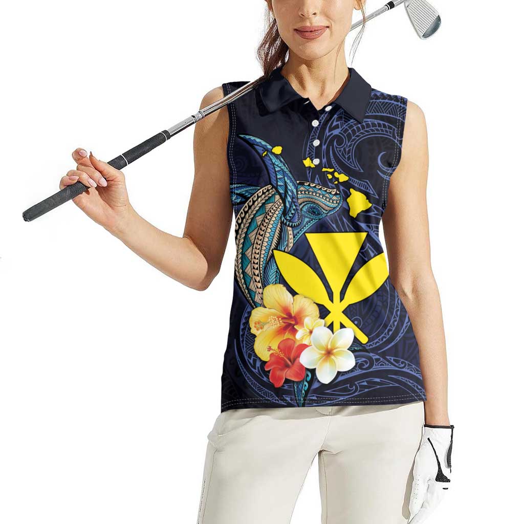 Hawaiian Whale and Kanaka Maoli Symbol Women Sleeveless Polo Shirt Hibiscus with Hawaii Map and Polynesian Tattoo Deep Sea Color
