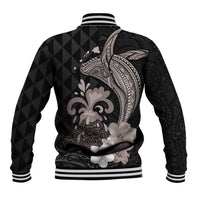 Hawaiian Whale and Volcanic Eruption Baseball Jacket Hibiscus and Kakau Pattern Grayscale Color