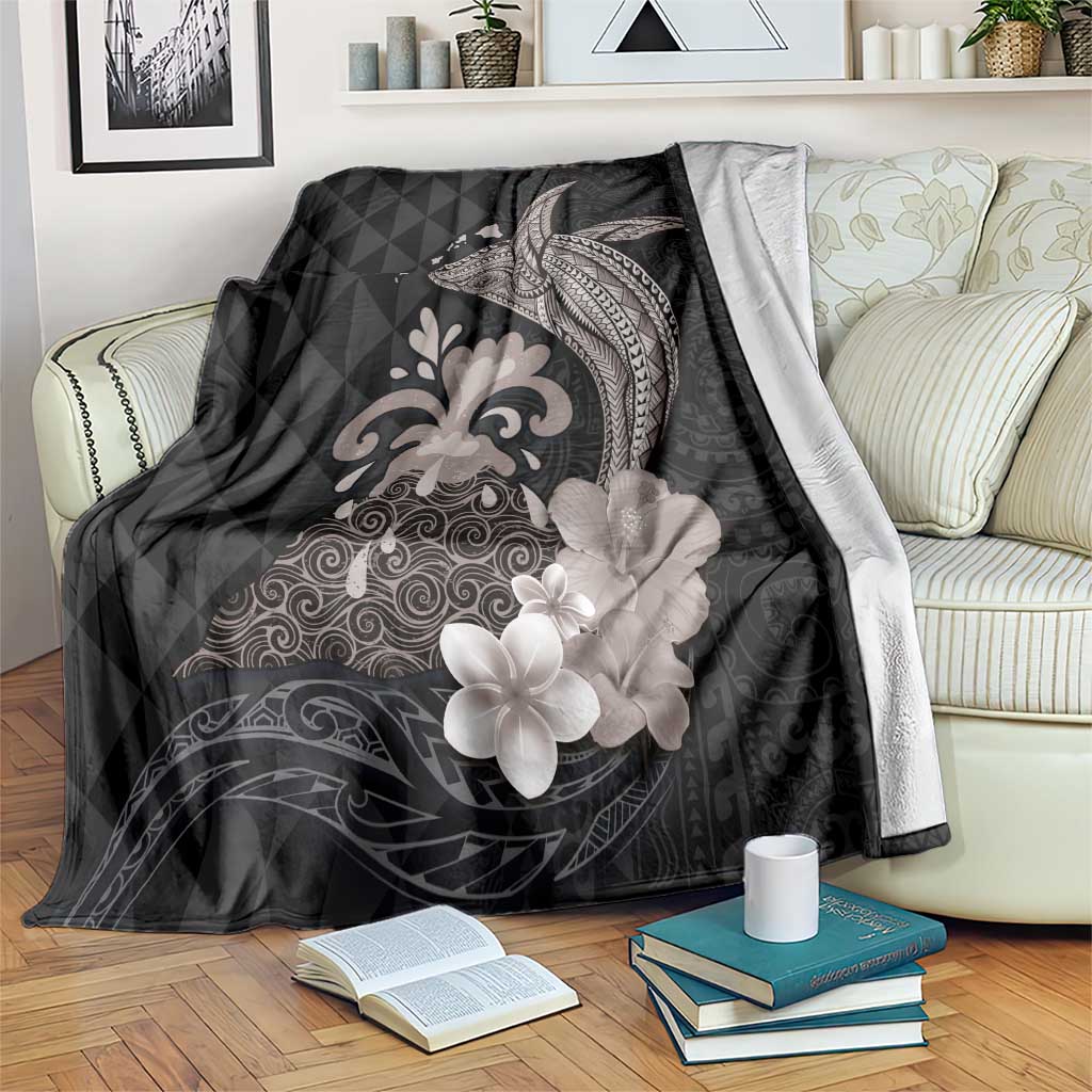 Hawaiian Whale and Volcanic Eruption Blanket Hibiscus and Kakau Pattern Grayscale Color