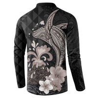 Hawaiian Whale and Volcanic Eruption Button Sweatshirt Hibiscus and Kakau Pattern Grayscale Color