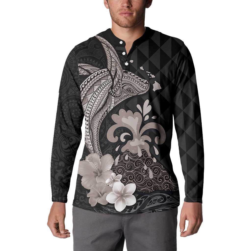 Hawaiian Whale and Volcanic Eruption Button Sweatshirt Hibiscus and Kakau Pattern Grayscale Color