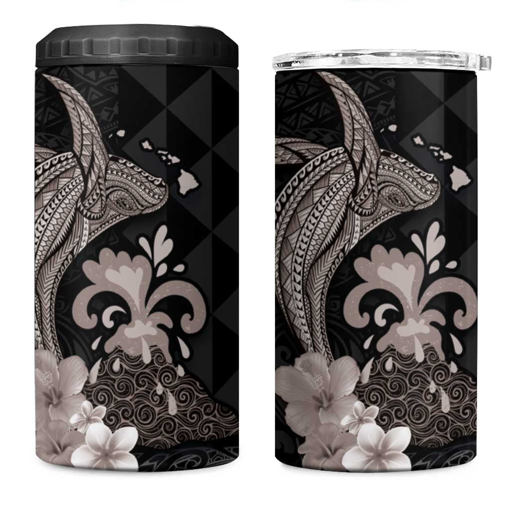 Hawaiian Whale and Volcanic Eruption 4 in 1 Can Cooler Tumbler Hibiscus and Kakau Pattern Grayscale Color
