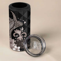 Hawaiian Whale and Volcanic Eruption 4 in 1 Can Cooler Tumbler Hibiscus and Kakau Pattern Grayscale Color