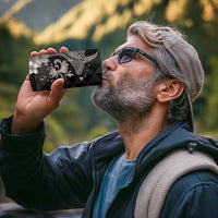 Hawaiian Whale and Volcanic Eruption 4 in 1 Can Cooler Tumbler Hibiscus and Kakau Pattern Grayscale Color