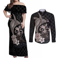 Hawaiian Whale and Volcanic Eruption Couples Matching Off Shoulder Maxi Dress and Long Sleeve Button Shirt Hibiscus and Kakau Pattern Grayscale Color