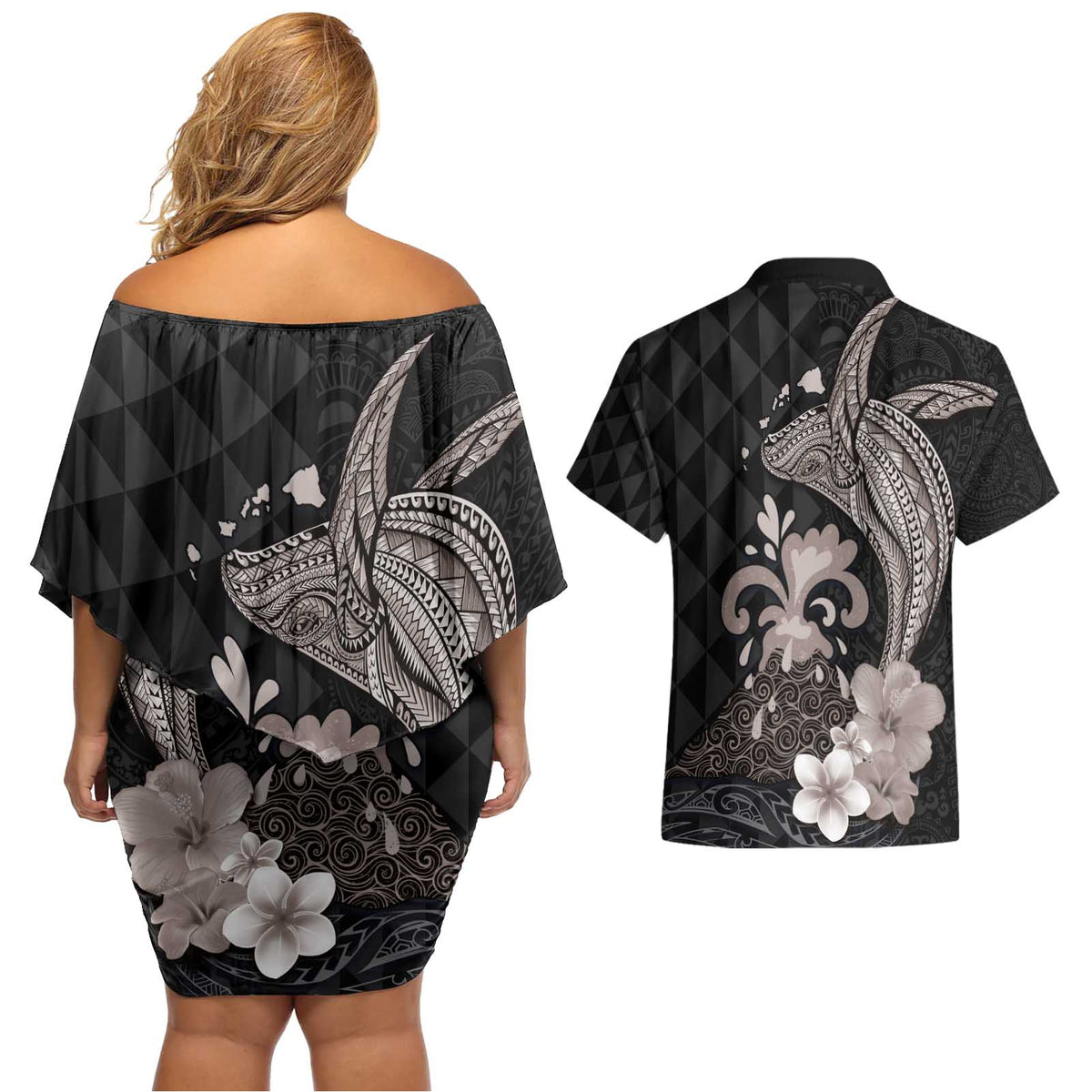 Hawaiian Whale and Volcanic Eruption Couples Matching Off Shoulder Short Dress and Hawaiian Shirt Hibiscus and Kakau Pattern Grayscale Color