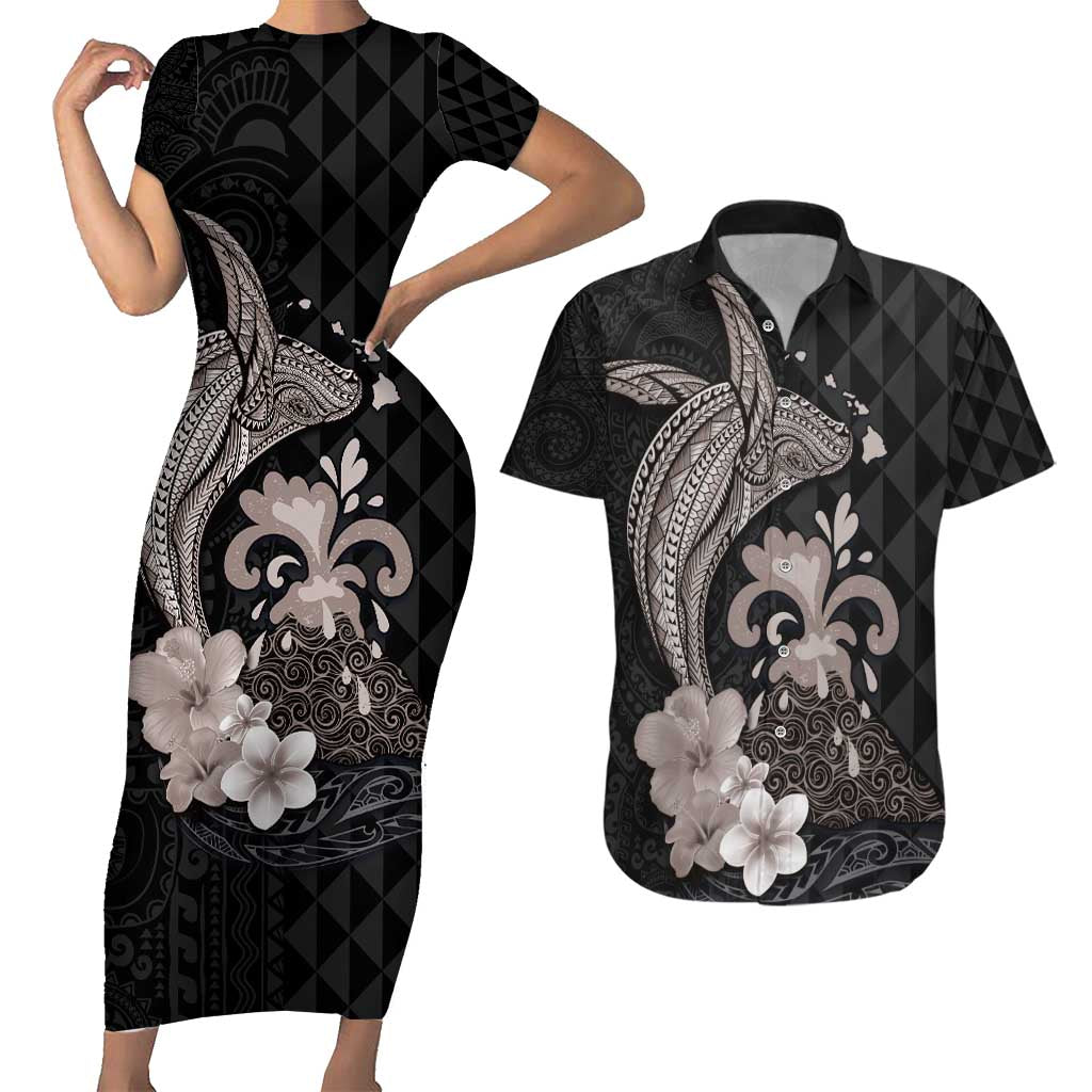 Hawaiian Whale and Volcanic Eruption Couples Matching Short Sleeve Bodycon Dress and Hawaiian Shirt Hibiscus and Kakau Pattern Grayscale Color