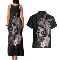 Hawaiian Whale and Volcanic Eruption Couples Matching Tank Maxi Dress and Hawaiian Shirt Hibiscus and Kakau Pattern Grayscale Color