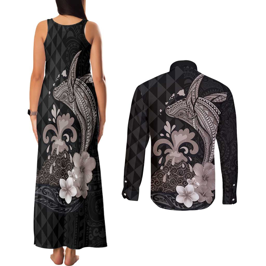 Hawaiian Whale and Volcanic Eruption Couples Matching Tank Maxi Dress and Long Sleeve Button Shirt Hibiscus and Kakau Pattern Grayscale Color