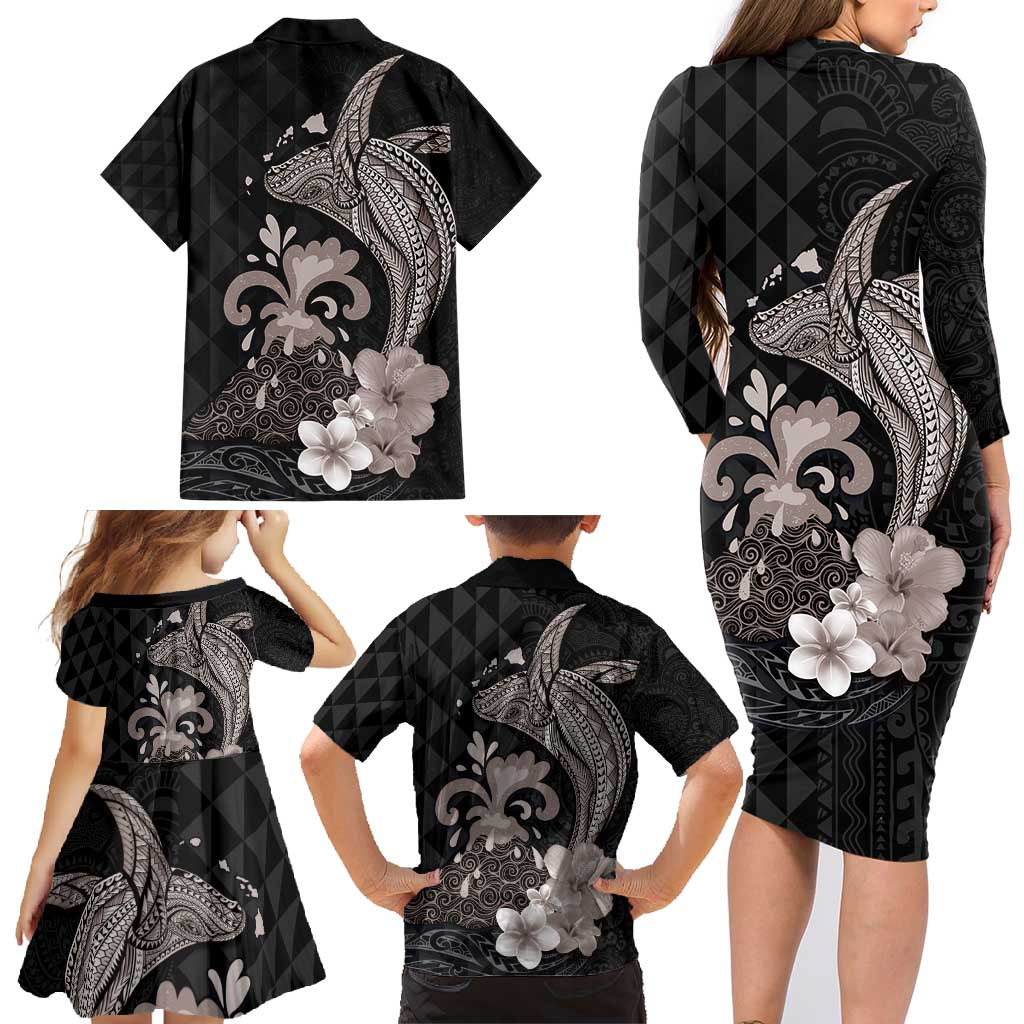 Hawaiian Whale and Volcanic Eruption Family Matching Long Sleeve Bodycon Dress and Hawaiian Shirt Hibiscus and Kakau Pattern Grayscale Color