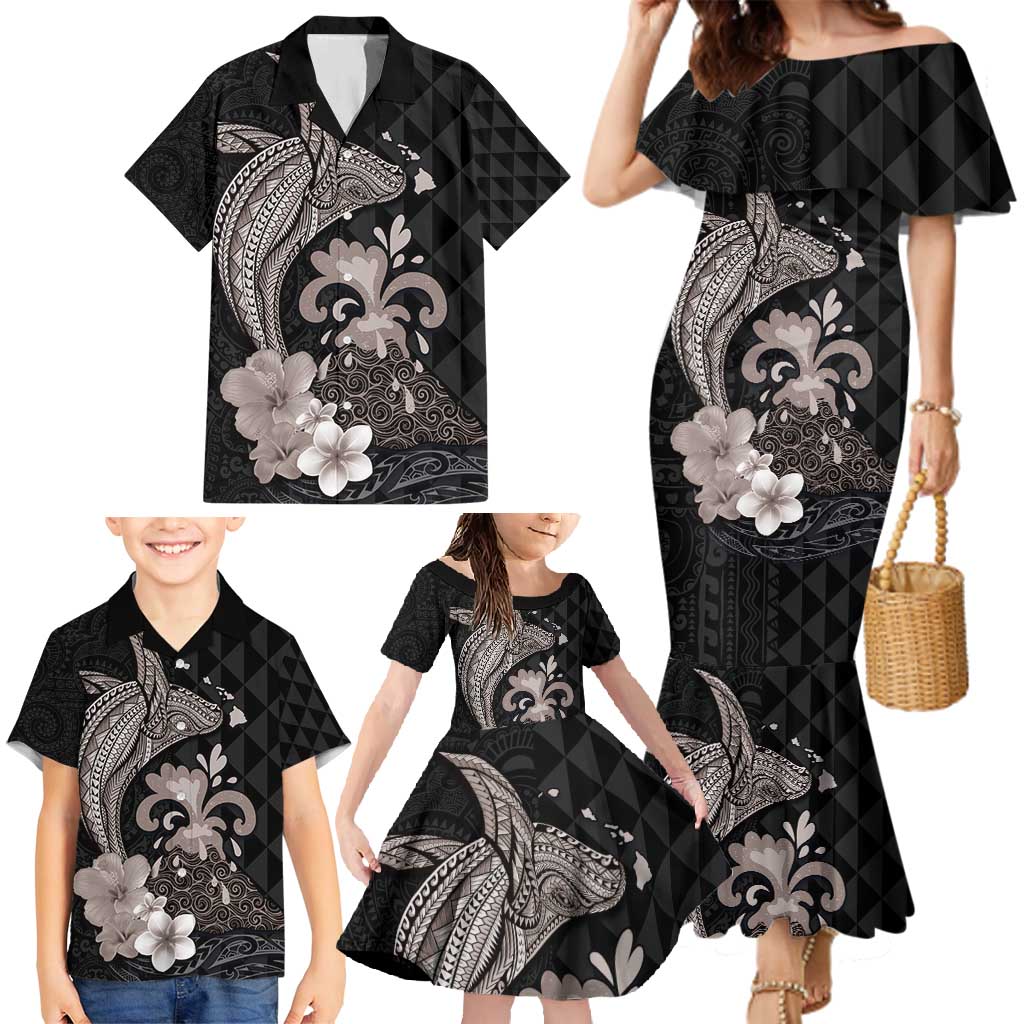 Hawaiian Whale and Volcanic Eruption Family Matching Mermaid Dress and Hawaiian Shirt Hibiscus and Kakau Pattern Grayscale Color