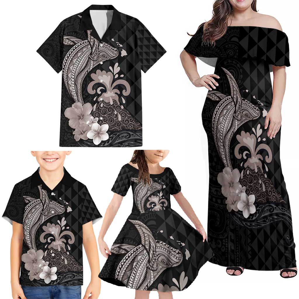 Hawaiian Whale and Volcanic Eruption Family Matching Off Shoulder Maxi Dress and Hawaiian Shirt Hibiscus and Kakau Pattern Grayscale Color