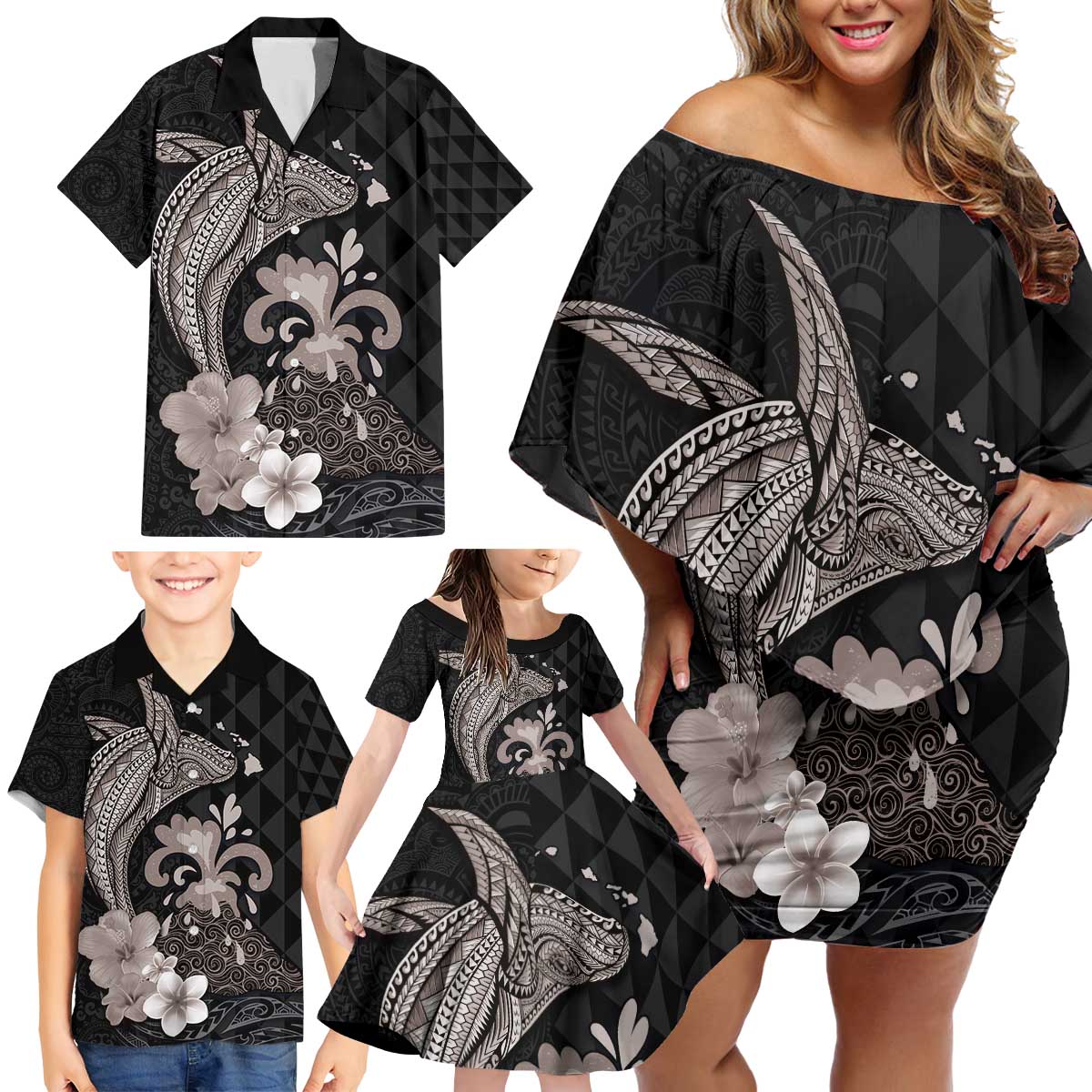 Hawaiian Whale and Volcanic Eruption Family Matching Off Shoulder Short Dress and Hawaiian Shirt Hibiscus and Kakau Pattern Grayscale Color