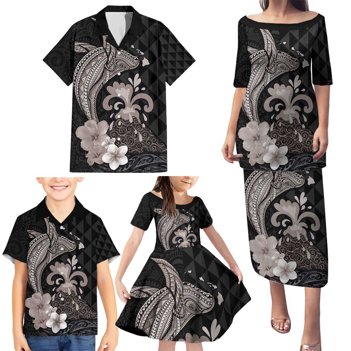 Hawaiian Whale and Volcanic Eruption Family Matching Puletasi and Hawaiian Shirt Hibiscus and Kakau Pattern Grayscale Color