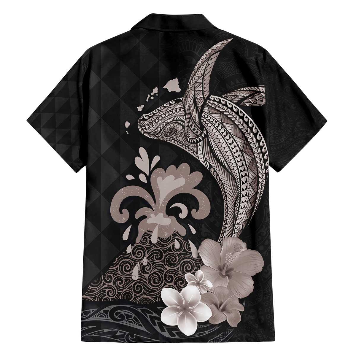 Hawaiian Whale and Volcanic Eruption Family Matching Puletasi and Hawaiian Shirt Hibiscus and Kakau Pattern Grayscale Color