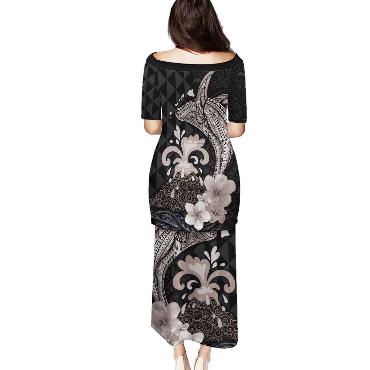 Hawaiian Whale and Volcanic Eruption Family Matching Puletasi and Hawaiian Shirt Hibiscus and Kakau Pattern Grayscale Color