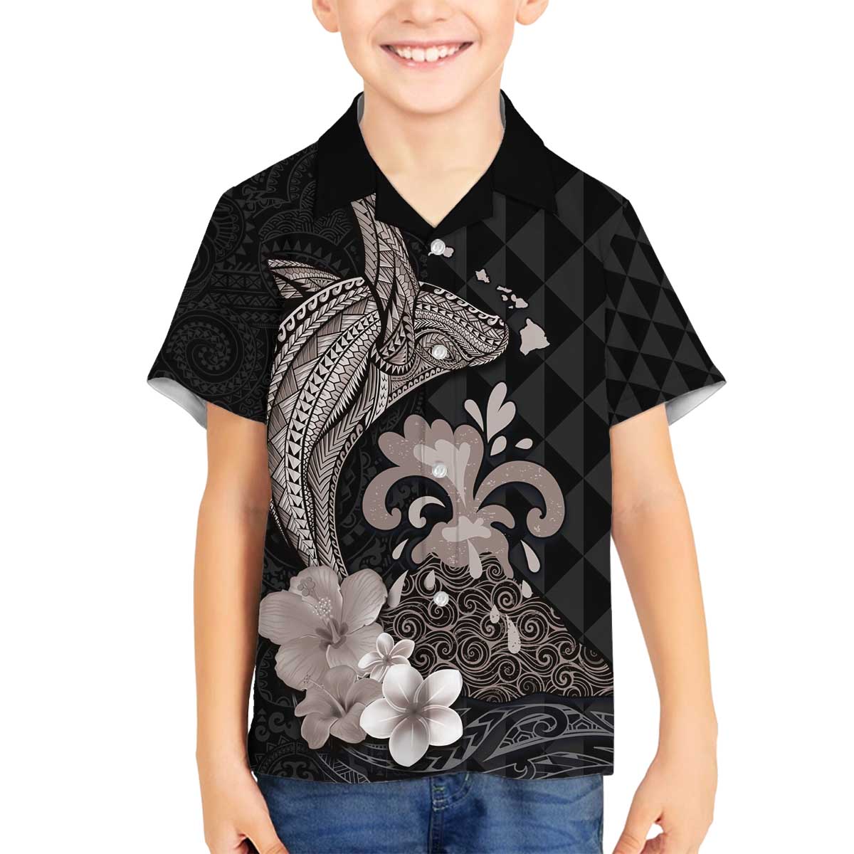 Hawaiian Whale and Volcanic Eruption Family Matching Puletasi and Hawaiian Shirt Hibiscus and Kakau Pattern Grayscale Color