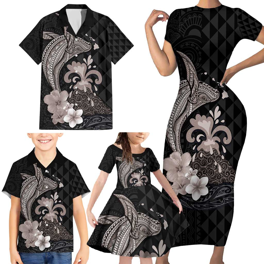 Hawaiian Whale and Volcanic Eruption Family Matching Short Sleeve Bodycon Dress and Hawaiian Shirt Hibiscus and Kakau Pattern Grayscale Color