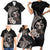 Hawaiian Whale and Volcanic Eruption Family Matching Short Sleeve Bodycon Dress and Hawaiian Shirt Hibiscus and Kakau Pattern Grayscale Color