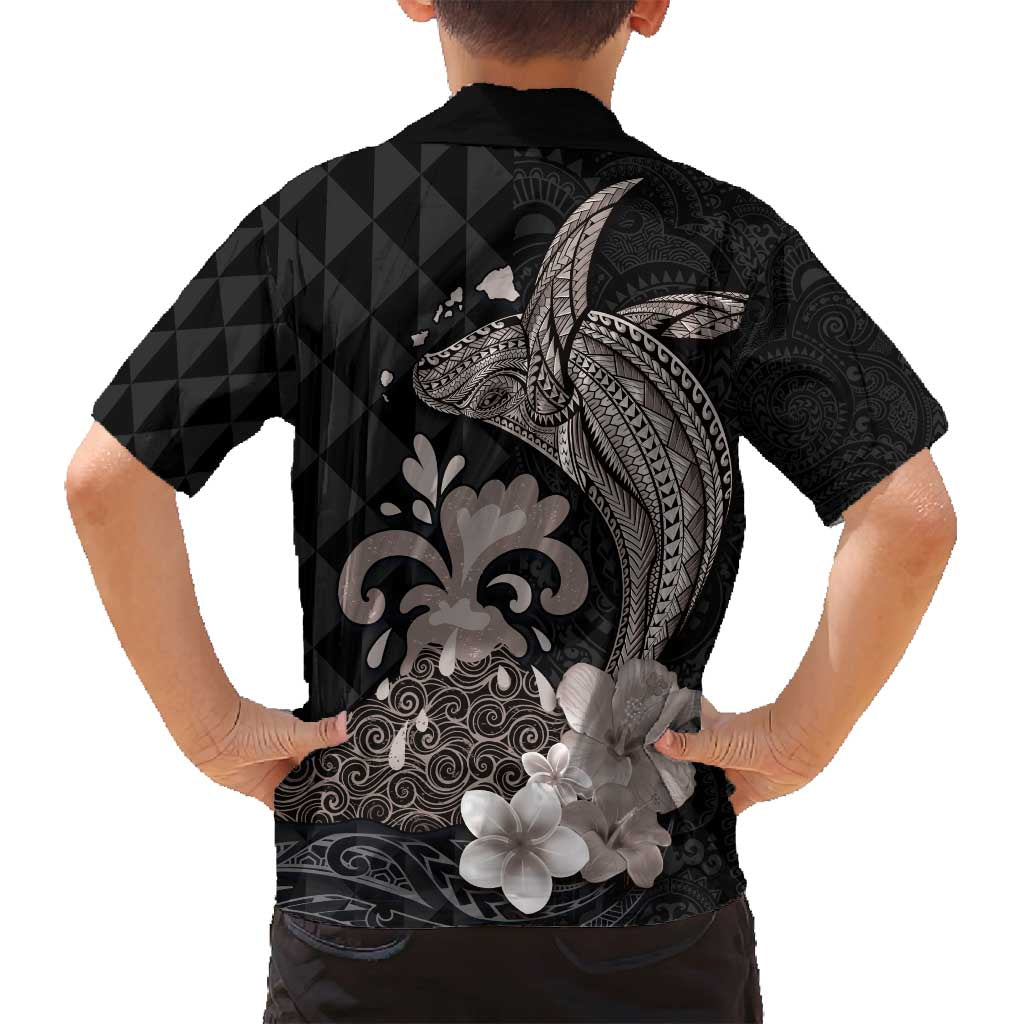 Hawaiian Whale and Volcanic Eruption Family Matching Summer Maxi Dress and Hawaiian Shirt Hibiscus and Kakau Pattern Grayscale Color