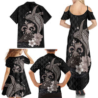 Hawaiian Whale and Volcanic Eruption Family Matching Summer Maxi Dress and Hawaiian Shirt Hibiscus and Kakau Pattern Grayscale Color