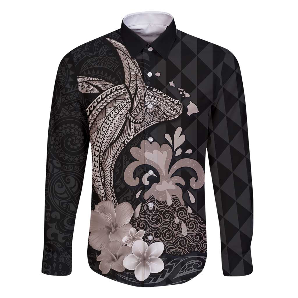 Hawaiian Whale and Volcanic Eruption Family Matching Summer Maxi Dress and Hawaiian Shirt Hibiscus and Kakau Pattern Grayscale Color