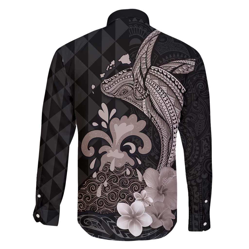 Hawaiian Whale and Volcanic Eruption Family Matching Summer Maxi Dress and Hawaiian Shirt Hibiscus and Kakau Pattern Grayscale Color