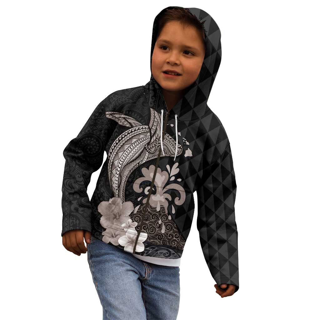 Hawaiian Whale and Volcanic Eruption Kid Hoodie Hibiscus and Kakau Pattern Grayscale Color