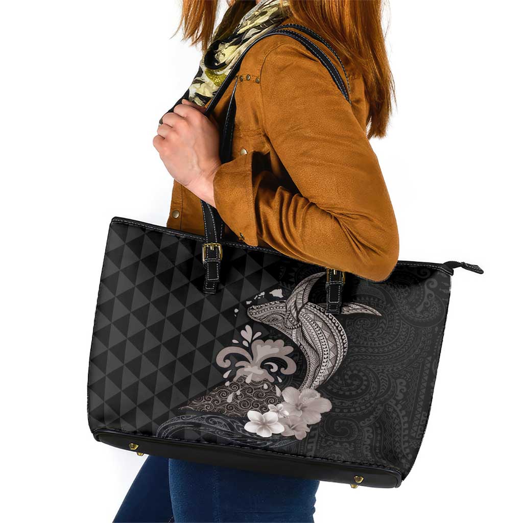 Hawaiian Whale and Volcanic Eruption Leather Tote Bag Hibiscus and Kakau Pattern Grayscale Color