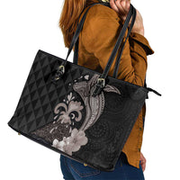 Hawaiian Whale and Volcanic Eruption Leather Tote Bag Hibiscus and Kakau Pattern Grayscale Color