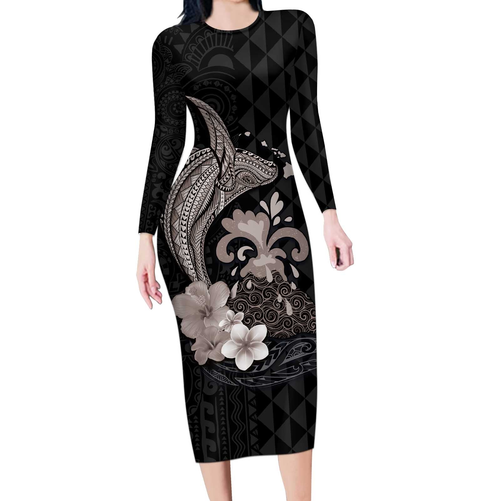 Hawaiian Whale and Volcanic Eruption Long Sleeve Bodycon Dress Hibiscus and Kakau Pattern Grayscale Color