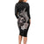 Hawaiian Whale and Volcanic Eruption Long Sleeve Bodycon Dress Hibiscus and Kakau Pattern Grayscale Color