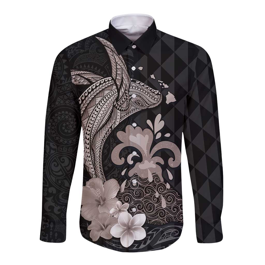 Hawaiian Whale and Volcanic Eruption Long Sleeve Button Shirt Hibiscus and Kakau Pattern Grayscale Color