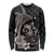 Hawaiian Whale and Volcanic Eruption Long Sleeve Shirt Hibiscus and Kakau Pattern Grayscale Color