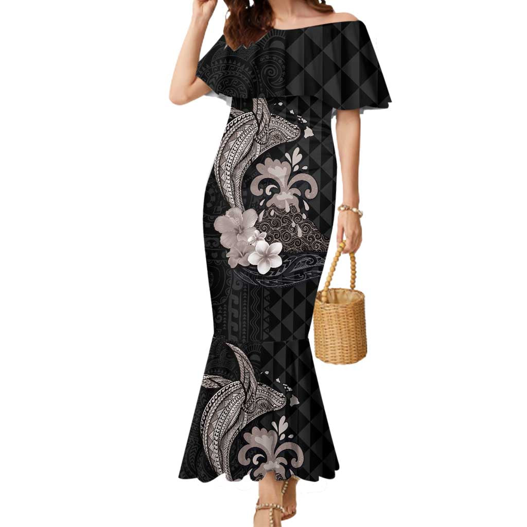 Hawaiian Whale and Volcanic Eruption Mermaid Dress Hibiscus and Kakau Pattern Grayscale Color