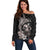 Hawaiian Whale and Volcanic Eruption Off Shoulder Sweater Hibiscus and Kakau Pattern Grayscale Color