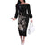 Hawaiian Whale and Volcanic Eruption Off The Shoulder Long Sleeve Dress Hibiscus and Kakau Pattern Grayscale Color