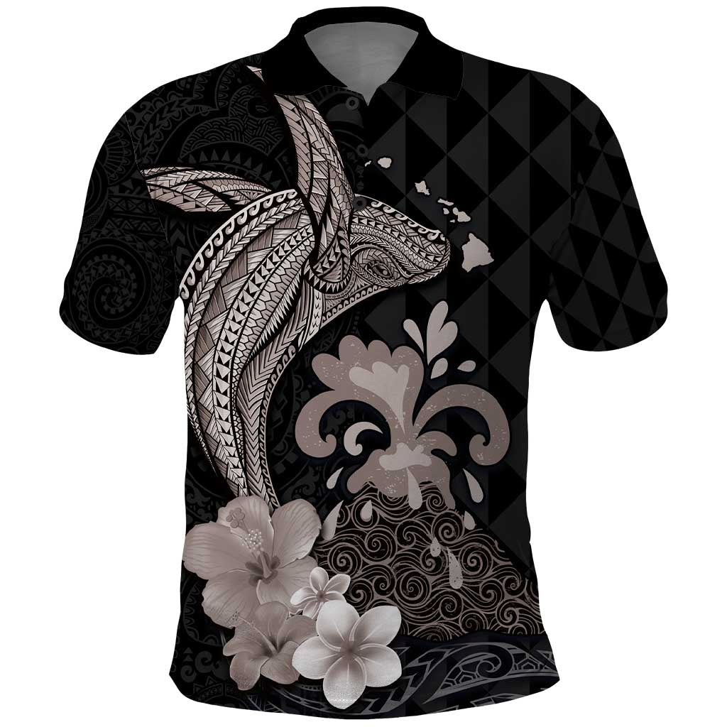 Hawaiian Whale and Volcanic Eruption Polo Shirt Hibiscus and Kakau Pattern Grayscale Color