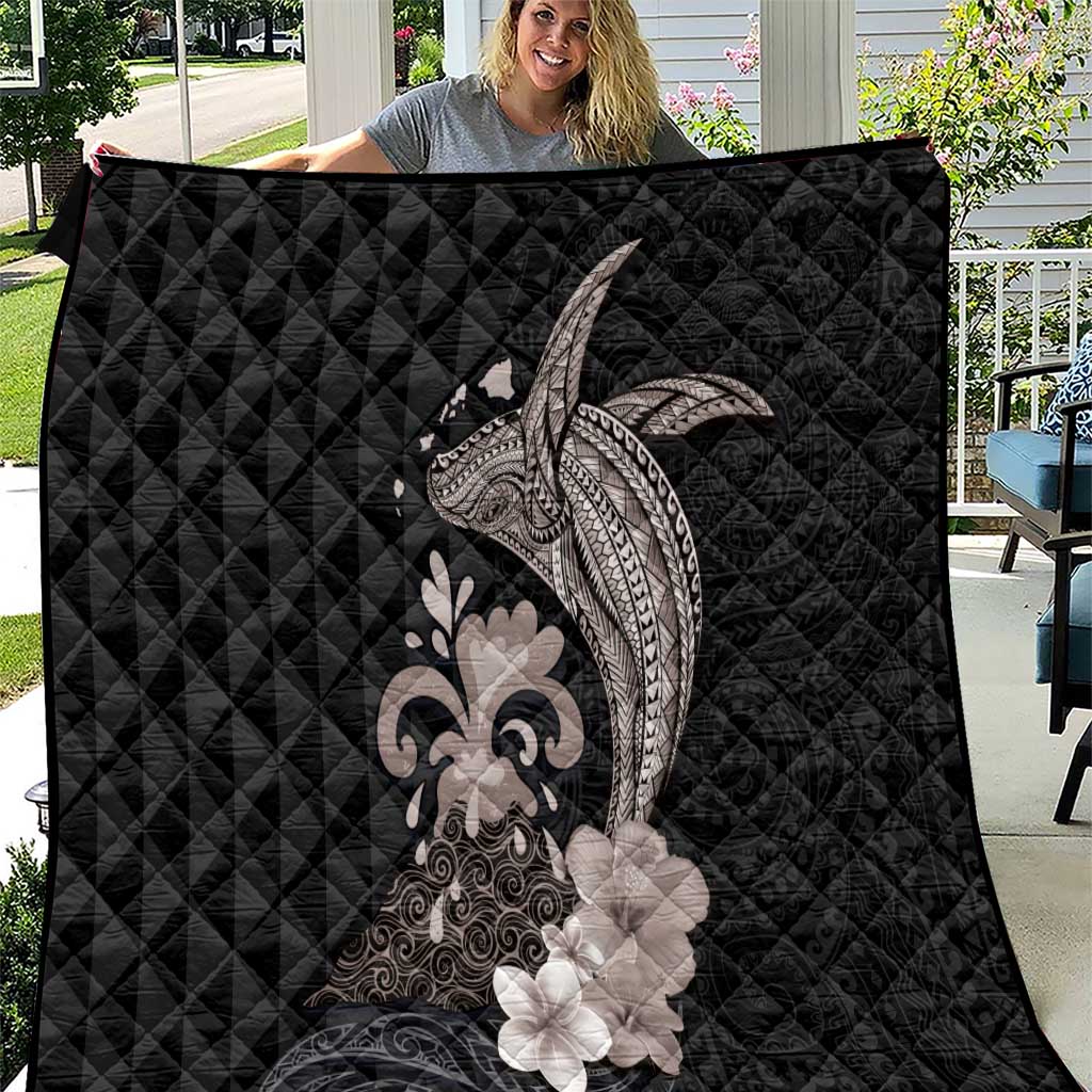 Hawaiian Whale and Volcanic Eruption Quilt Hibiscus and Kakau Pattern Grayscale Color