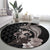 Hawaiian Whale and Volcanic Eruption Round Carpet Hibiscus and Kakau Pattern Grayscale Color