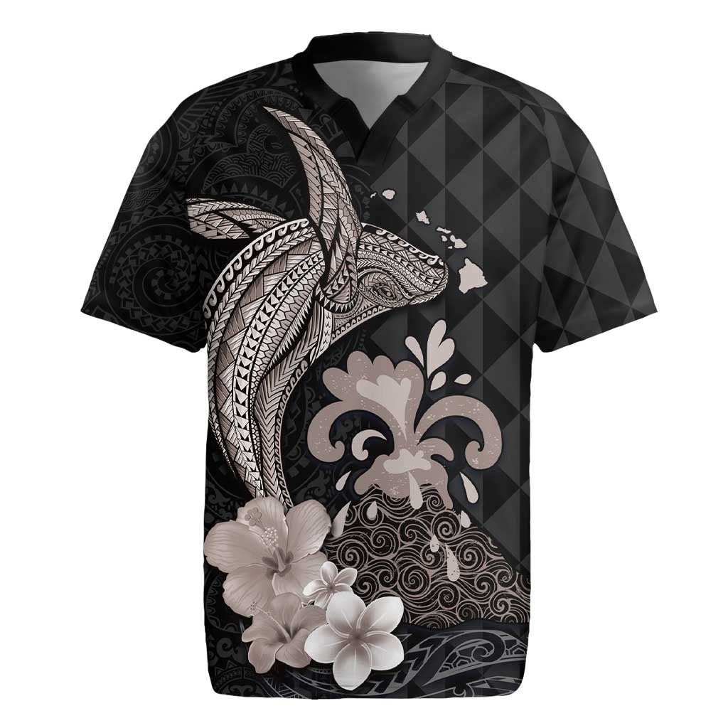 Hawaiian Whale and Volcanic Eruption Rugby Jersey Hibiscus and Kakau Pattern Grayscale Color