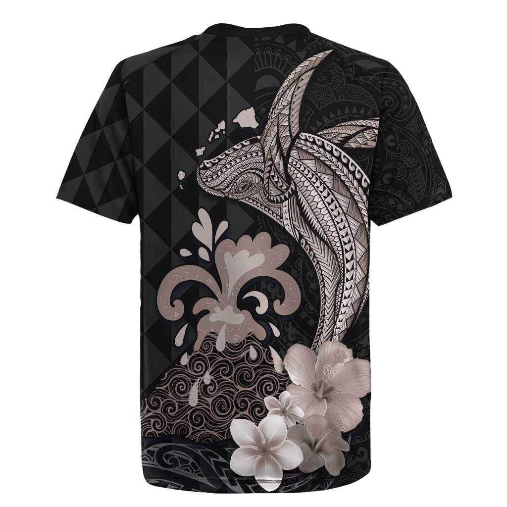 Hawaiian Whale and Volcanic Eruption Rugby Jersey Hibiscus and Kakau Pattern Grayscale Color