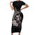 Hawaiian Whale and Volcanic Eruption Short Sleeve Bodycon Dress Hibiscus and Kakau Pattern Grayscale Color