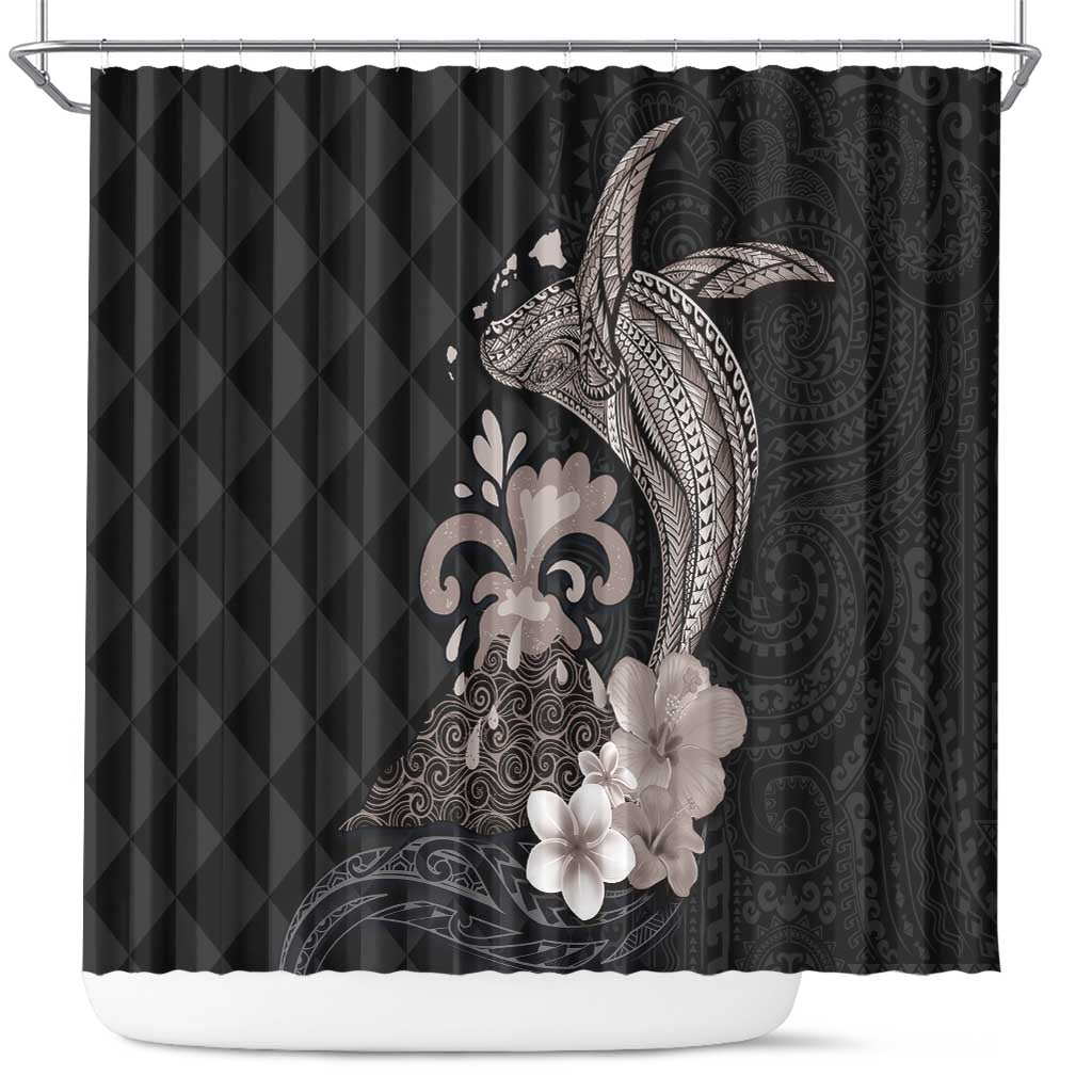 Hawaiian Whale and Volcanic Eruption Shower Curtain Hibiscus and Kakau Pattern Grayscale Color