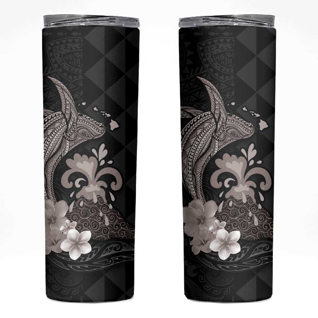 Hawaiian Whale and Volcanic Eruption Skinny Tumbler Hibiscus and Kakau Pattern Grayscale Color