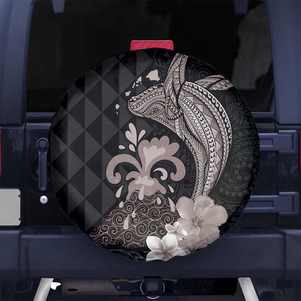Hawaiian Whale and Volcanic Eruption Spare Tire Cover Hibiscus and Kakau Pattern Grayscale Color