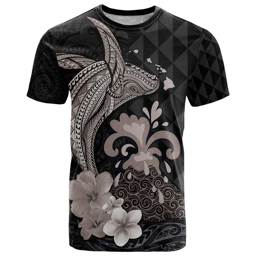 Hawaiian Whale and Volcanic Eruption T Shirt Hibiscus and Kakau Pattern Grayscale Color