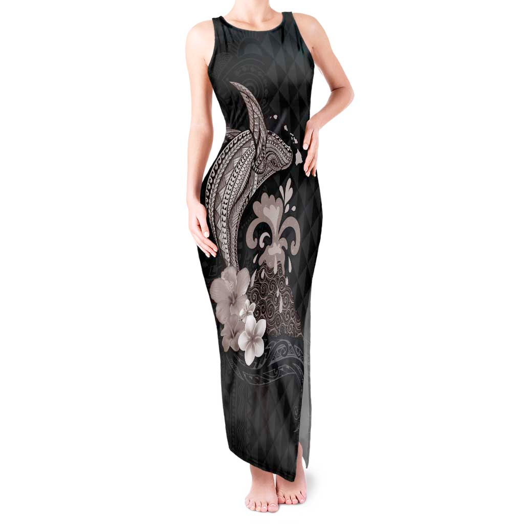 Hawaiian Whale and Volcanic Eruption Tank Maxi Dress Hibiscus and Kakau Pattern Grayscale Color