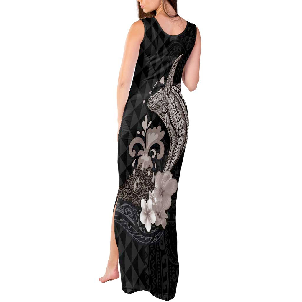 Hawaiian Whale and Volcanic Eruption Tank Maxi Dress Hibiscus and Kakau Pattern Grayscale Color