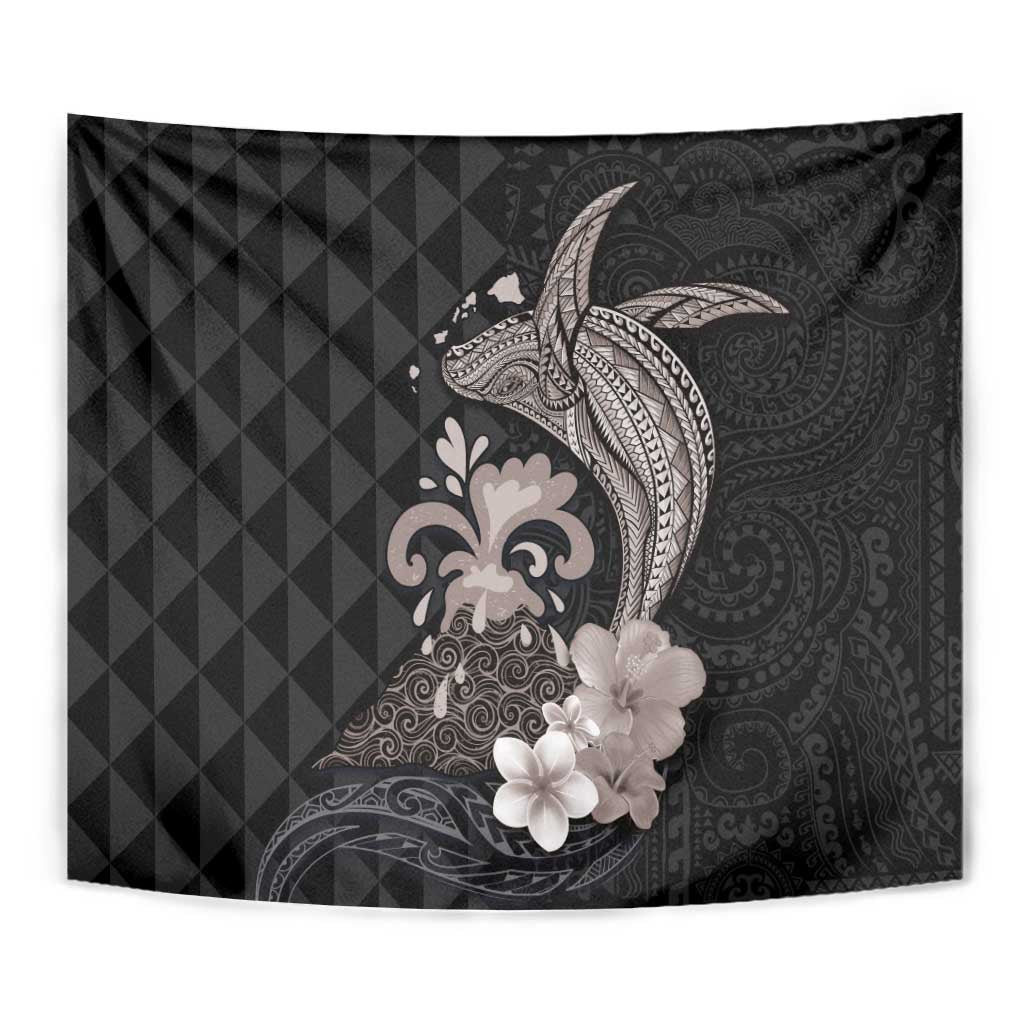 Hawaiian Whale and Volcanic Eruption Tapestry Hibiscus and Kakau Pattern Grayscale Color